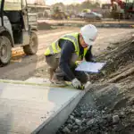 כלי תפעולי ליד רמפה באתר עבודה כשעובד מודד את המדרון עם סרט מדידה