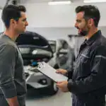 לקוח משוחח עם מכונאי במוסך ומעיין בהצעת מחיר לשירות